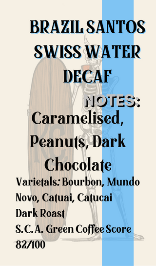 an info card containing information on brazil santos coffee swiss water decaf method beans